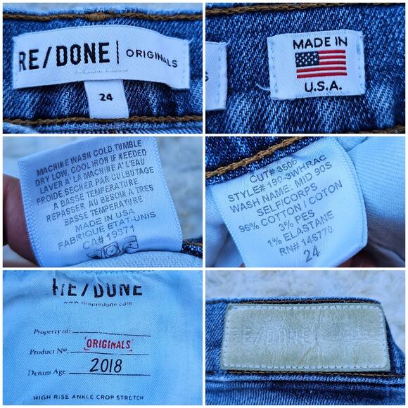 Size 24 Crop Jeans High Rise Ankle Re/Done Distressed Stretch Denim Button Fly - Picture 5 of 11